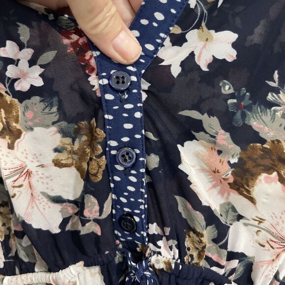 Womens Babydoll Top XL Floral V Neck Button Up Stretch Roll Tab Tunic Semi Sheer - Picture 3 of 12